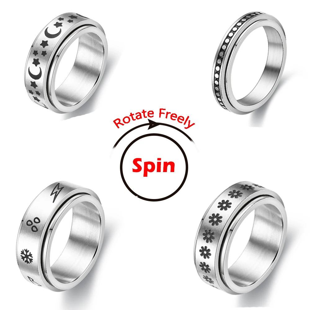 Fidget Spinner Anxiety Rings For Women Men Spinning Rotate Antistress Printing Stainless Steel Ring Accessories Trendy Jewelry 251110