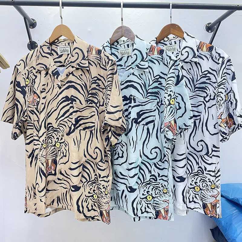 Tiger Print Top T-shirt Retro Collar Hawaii WACKO MARIA Shirt Mens Summer Style High Street Short Sleeve X250410