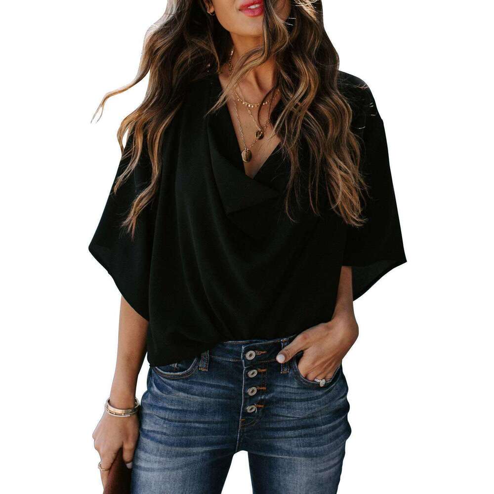 2023 Amazon Wish Independent Station New European and American Chiffon Shirt Loose V-Neck Casual Top T-Shirt Women's Clothing