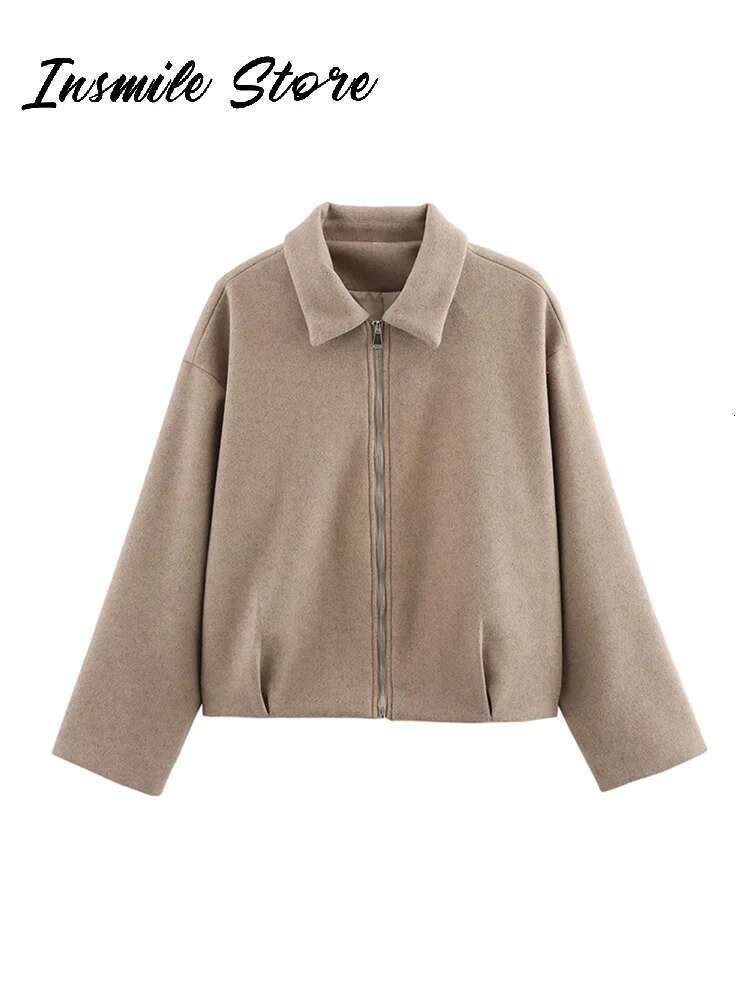 Vintage Khaki Women Short Coat Lapel Long Sleeve Zipped Pleated Loose Female Jacket 2025 Spring New Fashion Street Lady Jackets