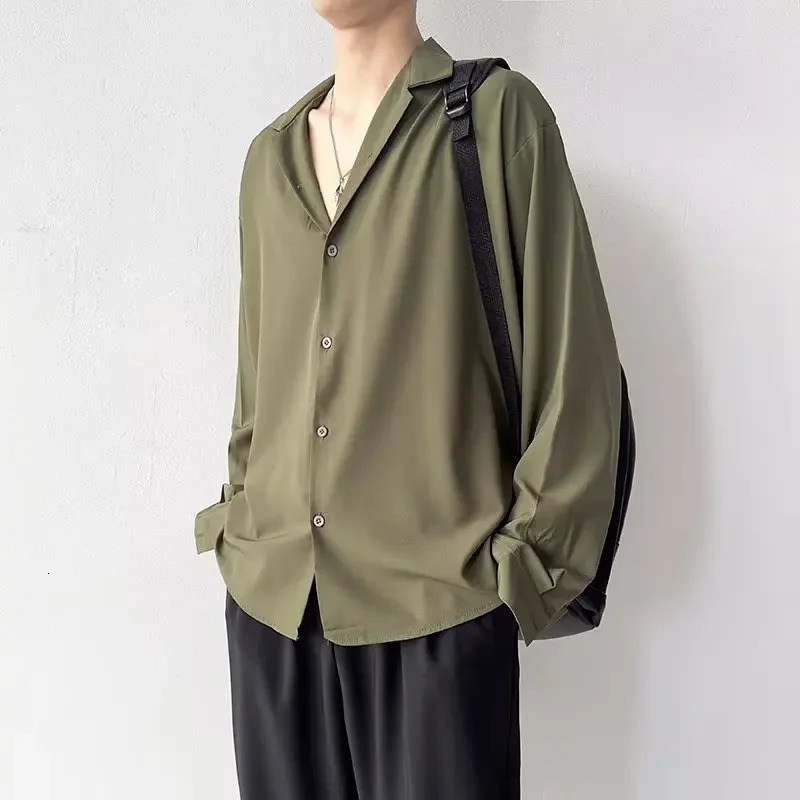 Korean Fashion Mens Shirt Spring Summer Loose Casual Long-sleeved Lapel High Street Male Suit Shirt White Black Gray Green 250409