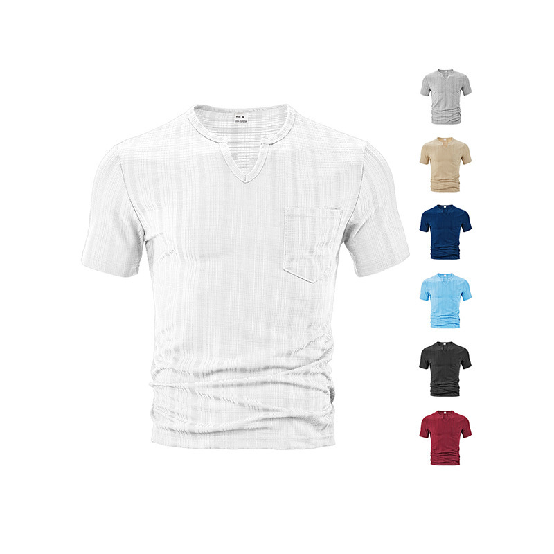 2025 collar mens summer fashion short sleeved Henry style American tough guy solid color T-shirt slim fit top
