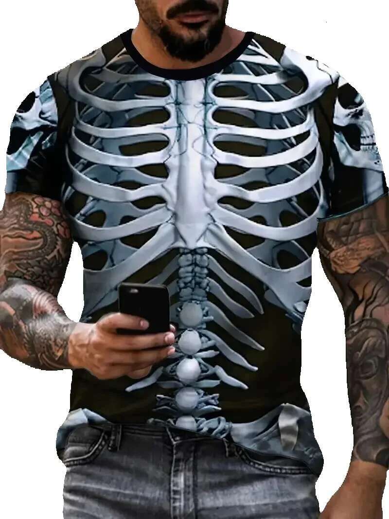 Men's summer clothing, 3D realistic muscle pattern printed T-shirt, casual streetwear style polyester short sleeved round neck T-shirt