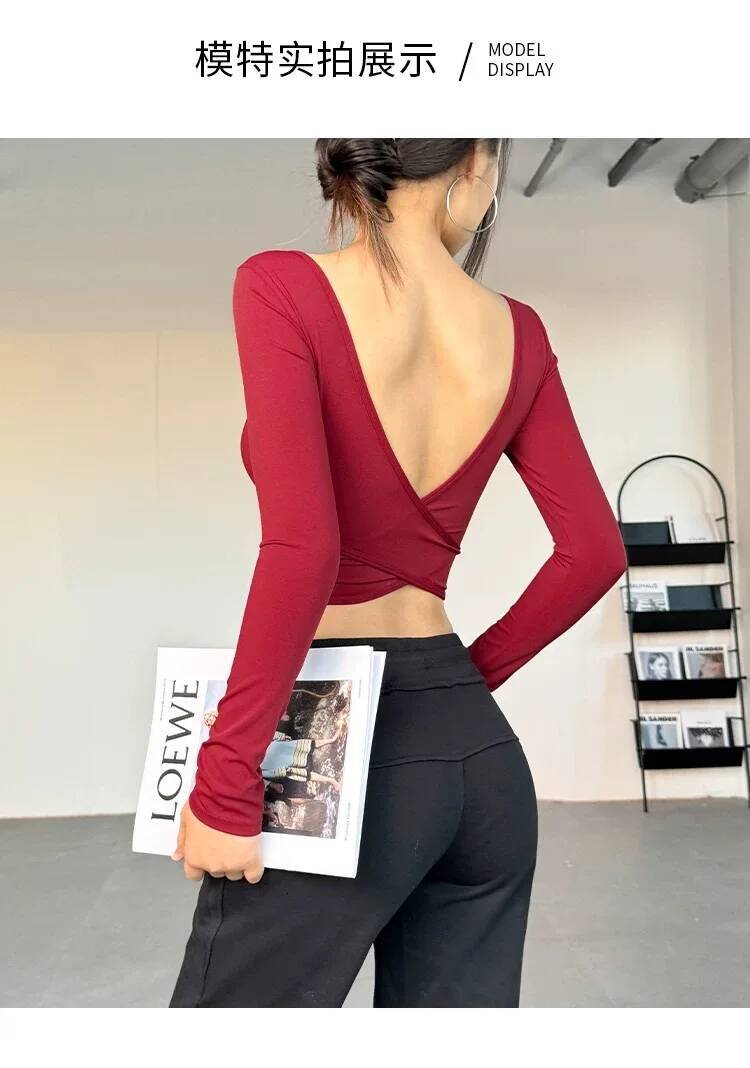 All-in-one deep V open back sexy sports top running training yoga wear fit slim casual fitness long sleeves