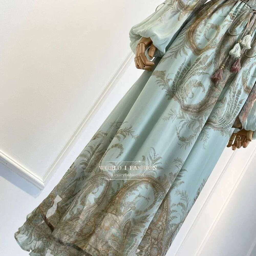 2026 Autumn New Women Elegant Suit Mint Green Paisley Print Ruffles Long Sleeve Midi Dress Hot Sale