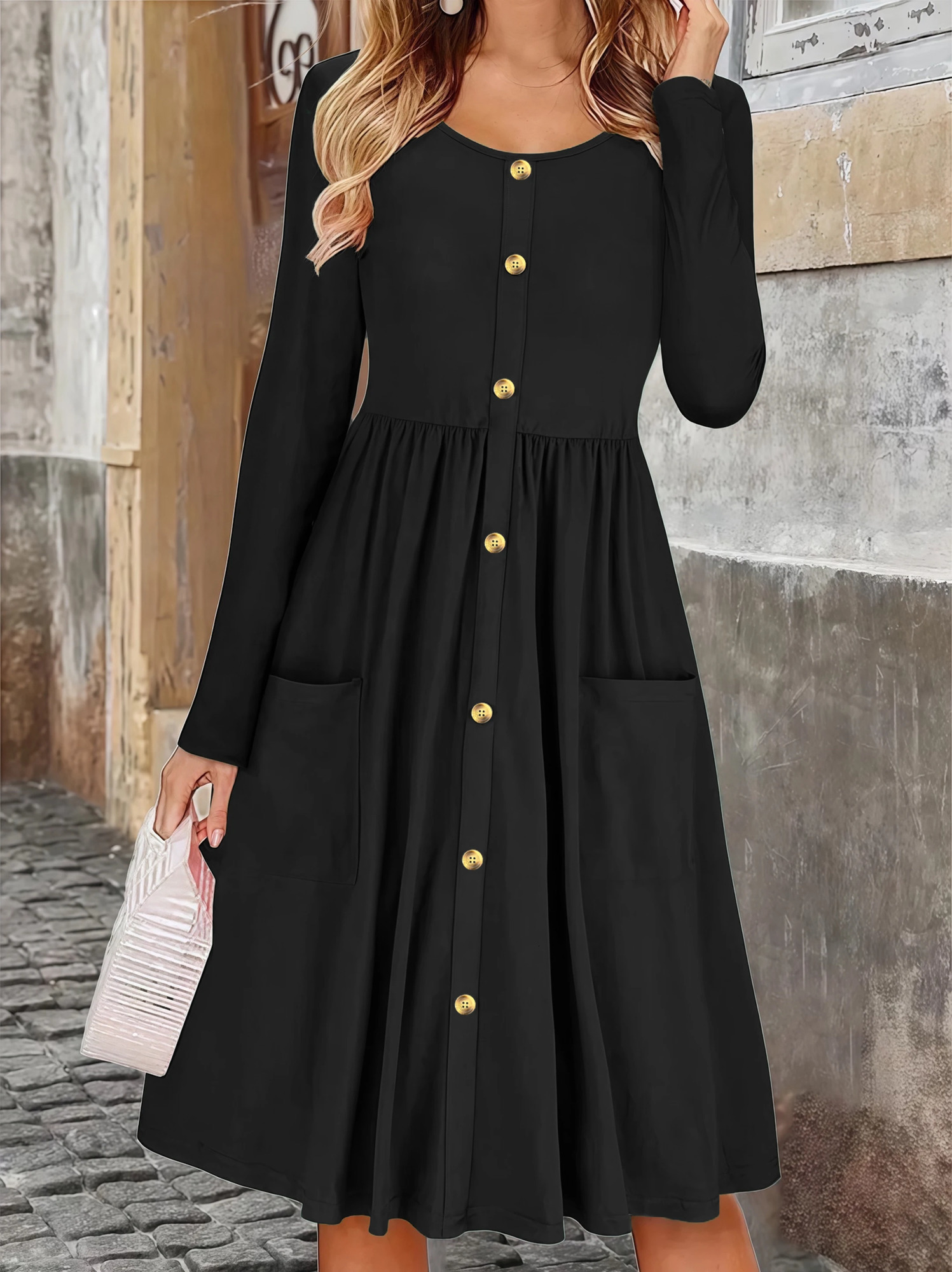 Elegant Solid Color ButtonDetail Round Neck Long Sleeve MidLength Plus Size Womens Dress for Autumn 251110