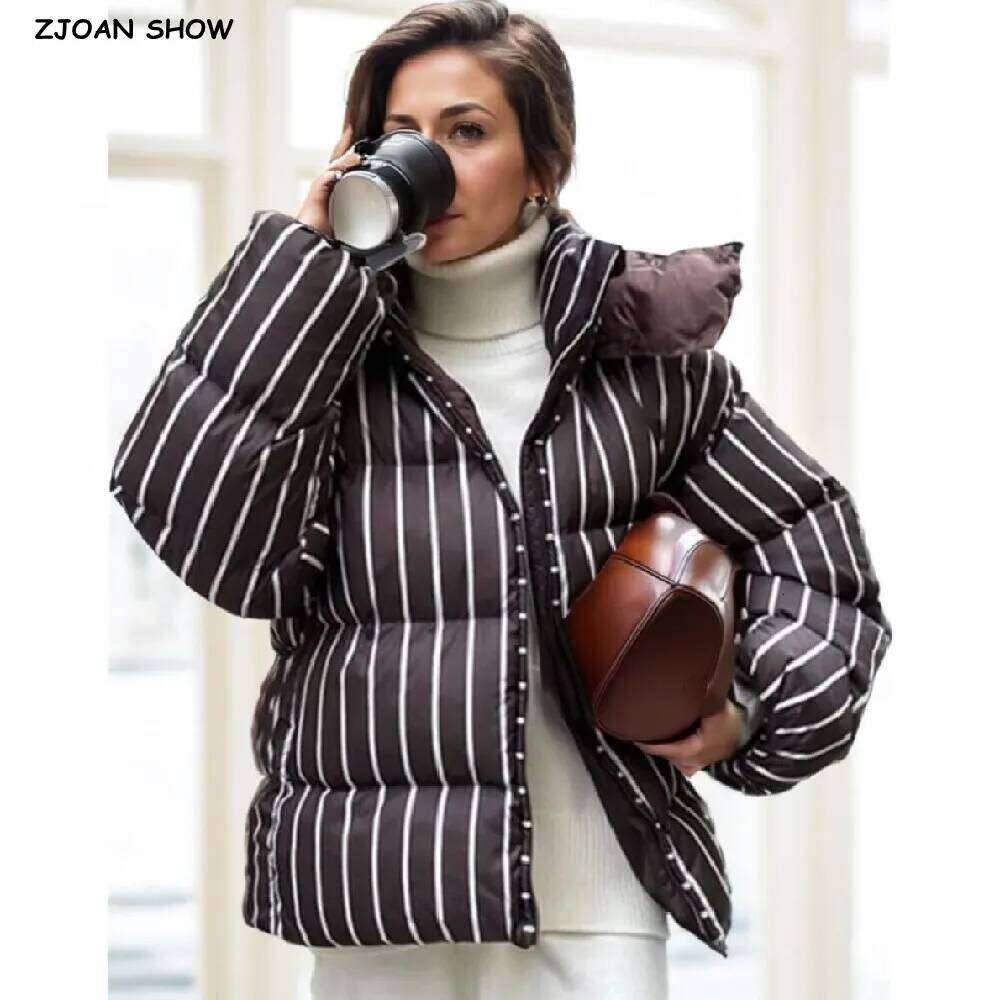 Winter CHIC Women Stand Collar Contrast Color Stripes Parka Coat Removable Hooded Zip Up Full Sleeve Bread Outerwear Coffee