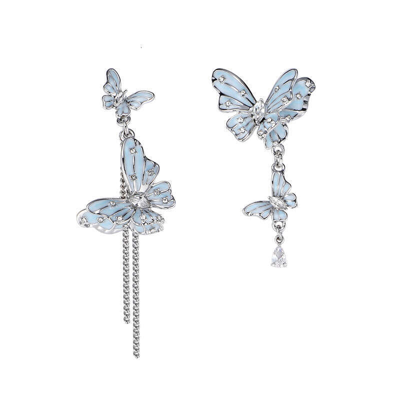 DHcollections Original Design Asymmetric Blue Butterfly for Women, Light Luxury Fashion Sweet Cool Versatile High-end 925 Silver Needle Earrings