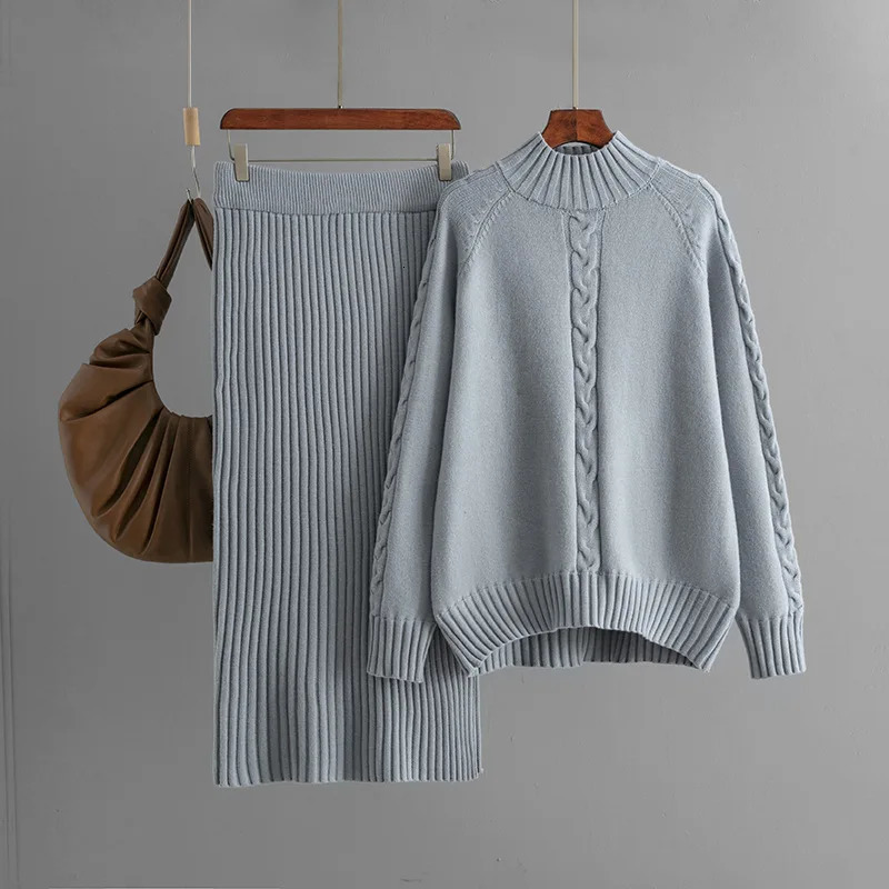 Fall Winter Knitted Sweater 2 Piece Sets Women Half Turtleneck Pullover Tops Conjuntos High Waist Slim Skirts Ensembles 251110