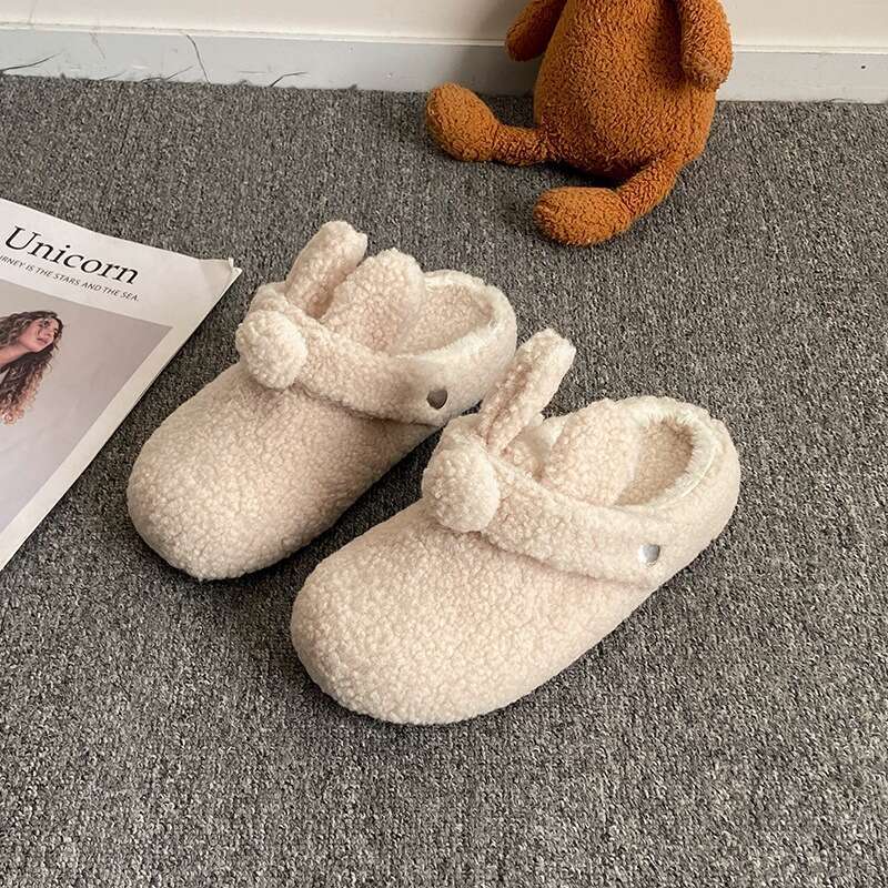 Soft Cute Bunny Closed-Toe Furry for Women, Outdoor Wear, 2025 New Autumn Winter Versatile Two-Way Plush Cotton Slippers