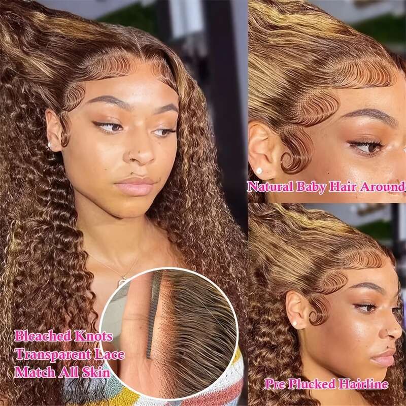 Women's 250% Density Glueless HD Frontal Wig Pre-Plucked Honey Blonde Ombre Highlights Deep Wave Curly Human 13X4 Lace With 4/27 Colored Real Hai