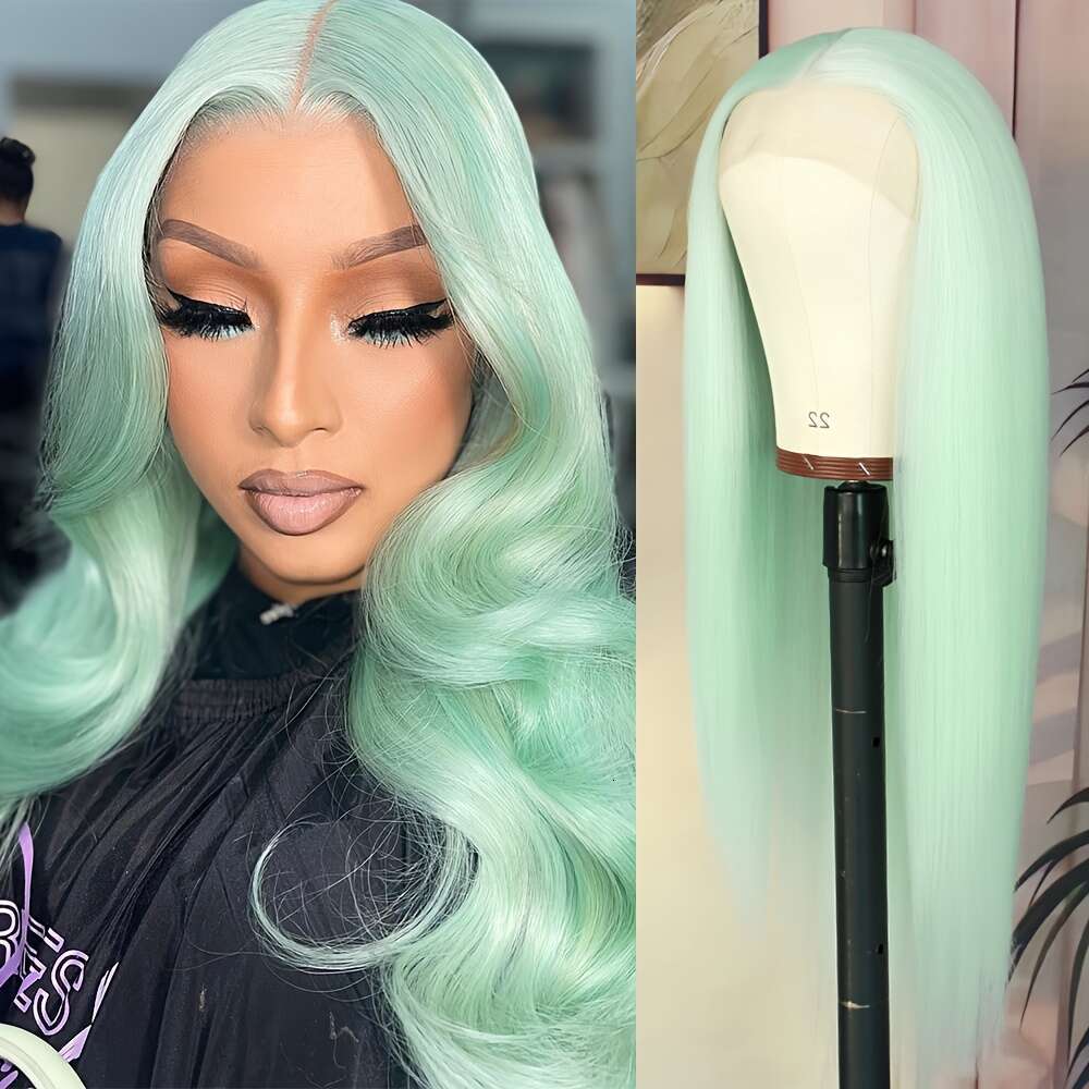 28-Inch Light Green Glueless Wig - Long Straight Heat-Resistant Hair, Pre-Plucked Middle Part, 180% Density, 13X4 Women, Perfect For Daily Wear & Part