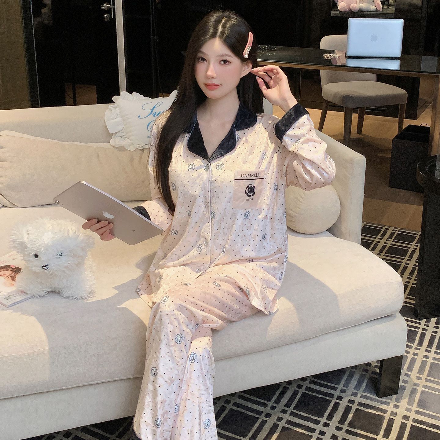 Golden Velvet Pajama Women's Spring and Autumn Designer with Chest Mat New Winter Sexy Internet Red Style Women's Pants Home Clothes Set