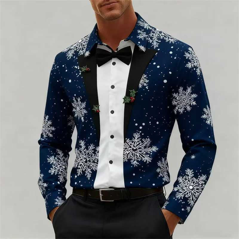 Christmas Mens Snowflake Bow Tie Pattern 3D Print Christmas Shirt Long Sve Tops Outdoor Holiday Gift Shirt Men Clothing Q251110