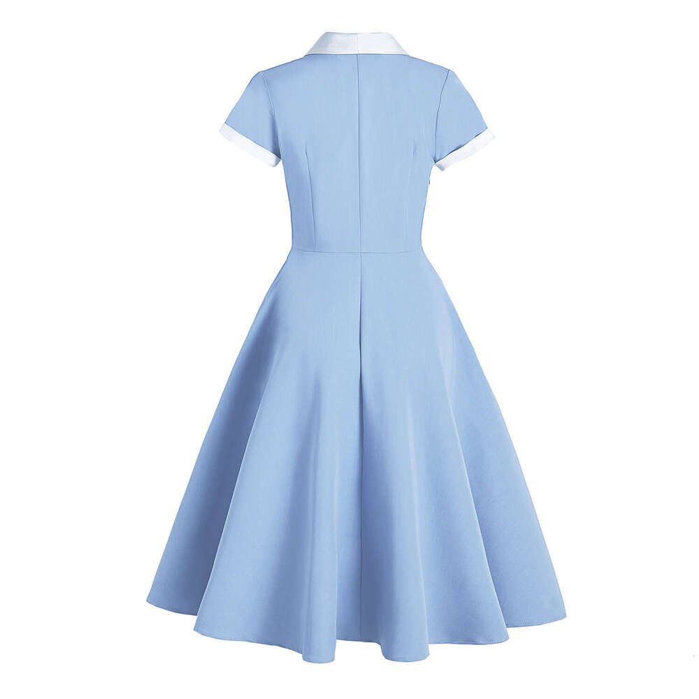 Hepburn style retro court waist cinching light contrasting color collar, annual performance costume, big swing, medium length dress, 2025 new casual f