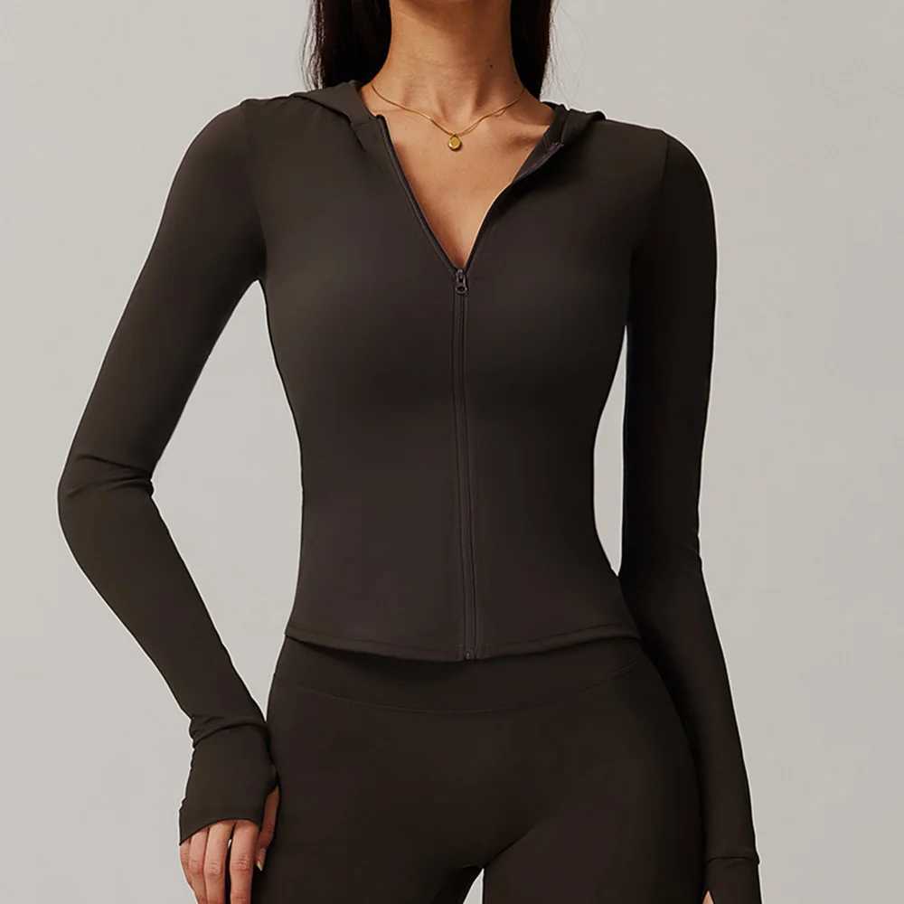 Zipper jacket womens yoga crop top hooded T-shirt solid sports top long sleeved running shirt quick drying fitness gym sportswearXJ250410