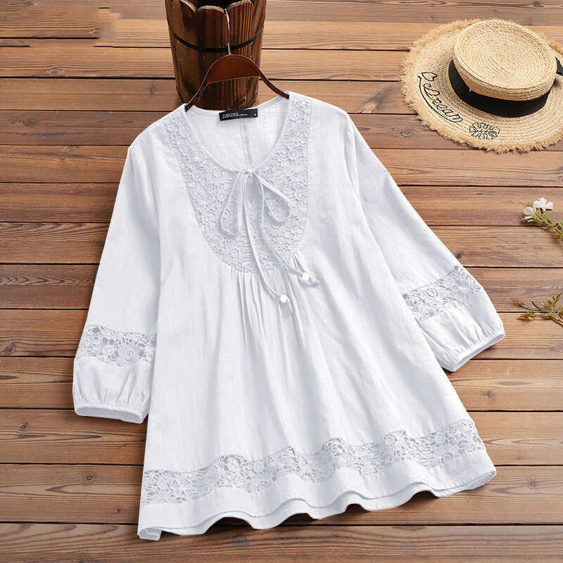 New 2022 Spring Autumn Amazon Cotton Linen Spliced Lace Elegant European and American Style 3/4 Sleeve Loose Fit Women's Top T-Shirt