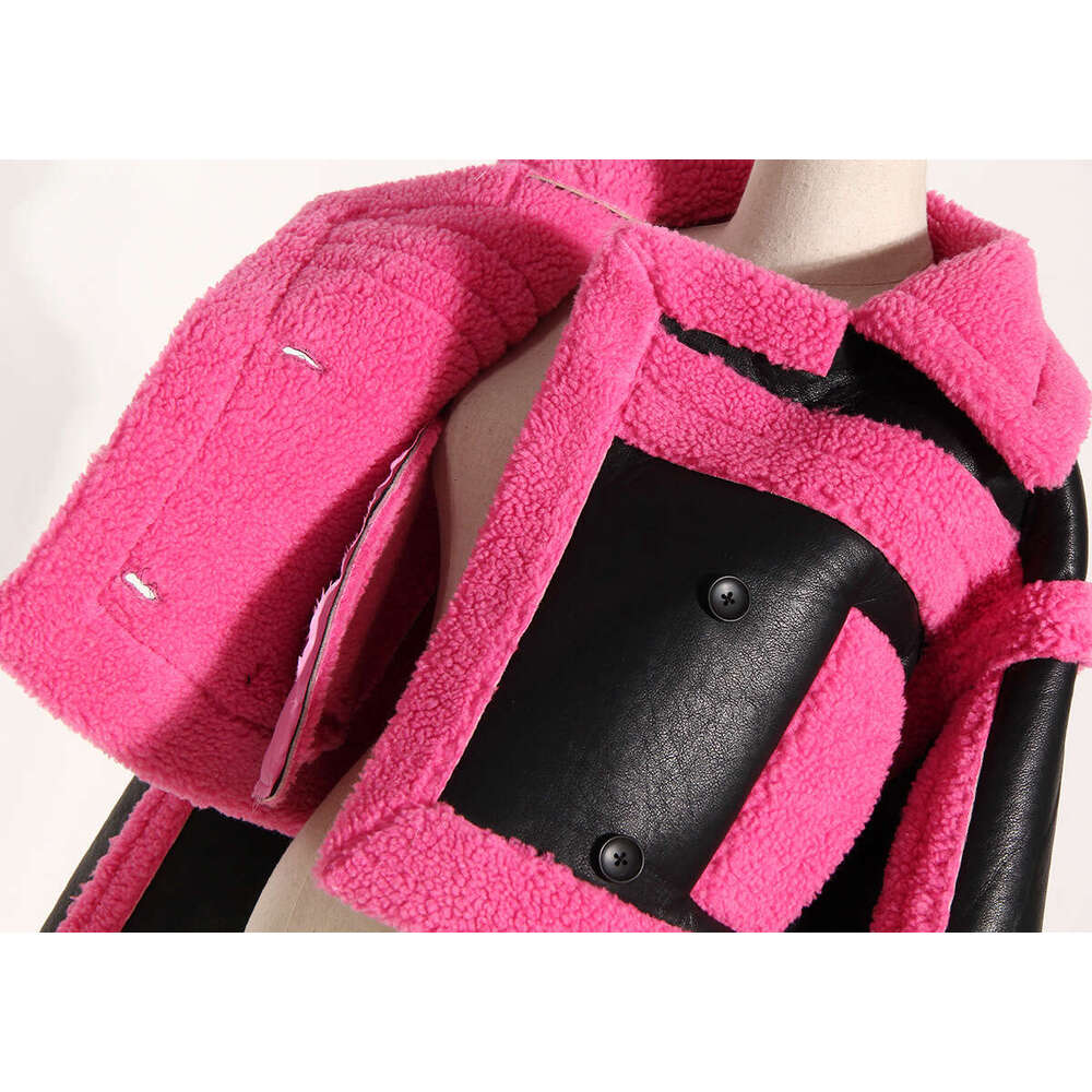 Fashion Fur integrated short jacket women's Lapel Double Breasted Contrast Imitation Leather Patchwork Coat Winter New