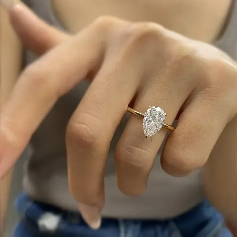 TFGLBU D VVS1 Pear Ring for Women Certified Lab Diamond Solid S925 Silver Plated 18k Dainty Wedding Ring Jewelry 251103