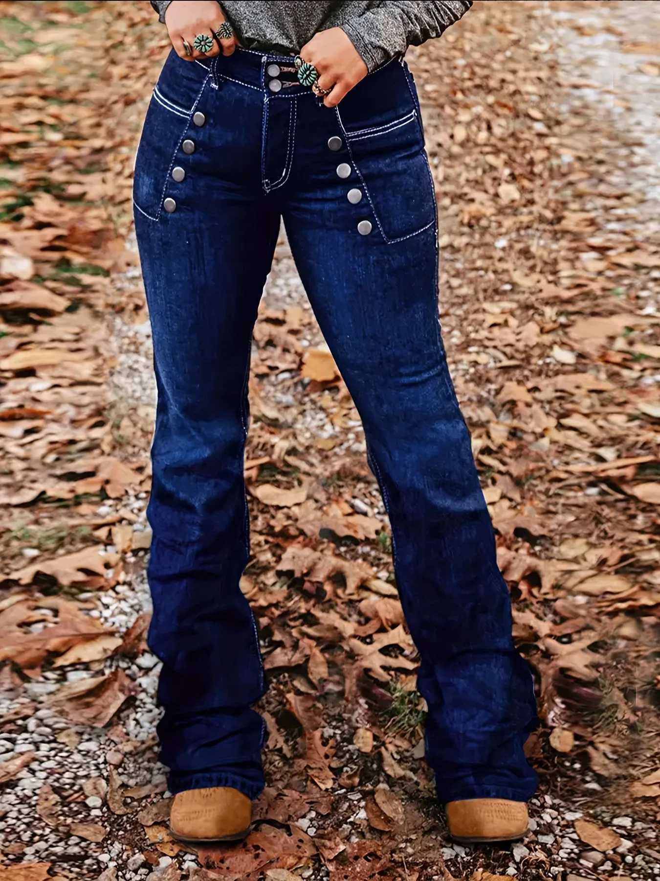 Womens mid high waisted elastic button deep blue micro flared denim pants C251110