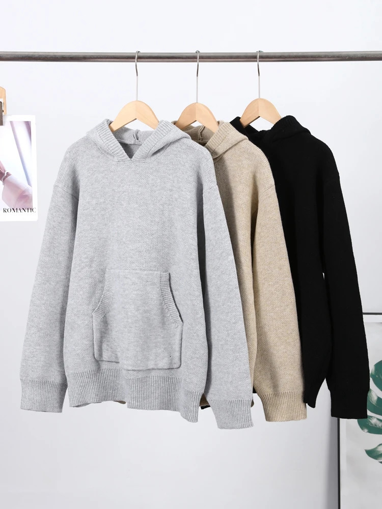 Soft Solid Knit Hooded Loose Sweater Slouchy Long Sleeve Drop Shoulder Pocketed Autumn Cozy Women Top Casual Lady Jumper 251103