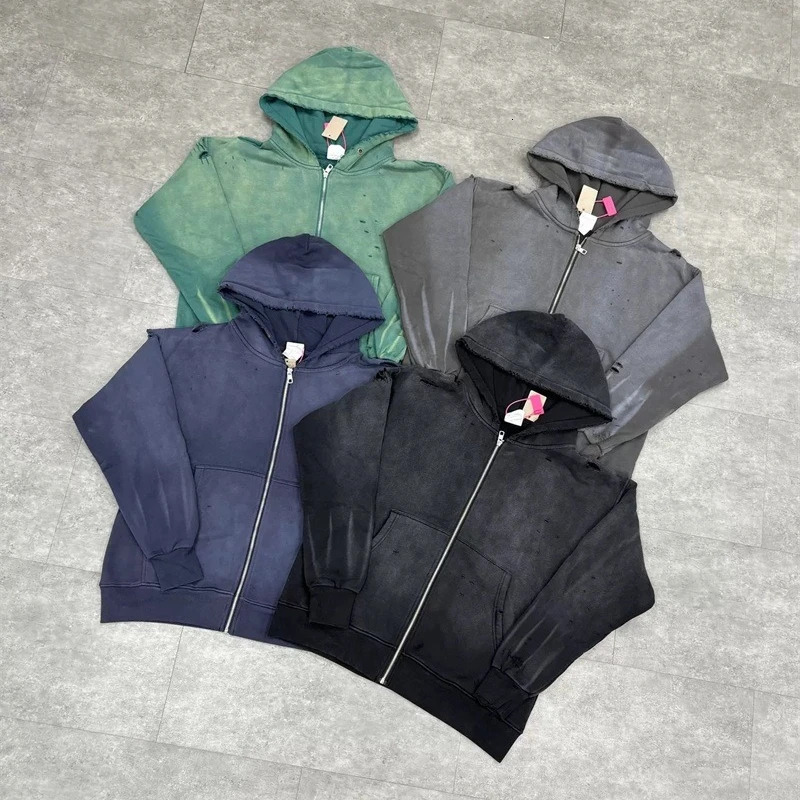 Black Washed SAINT Mxxxxxx Zipper Jackets Men Women Destroy Hole Oversized Vintage Hoodies 251107