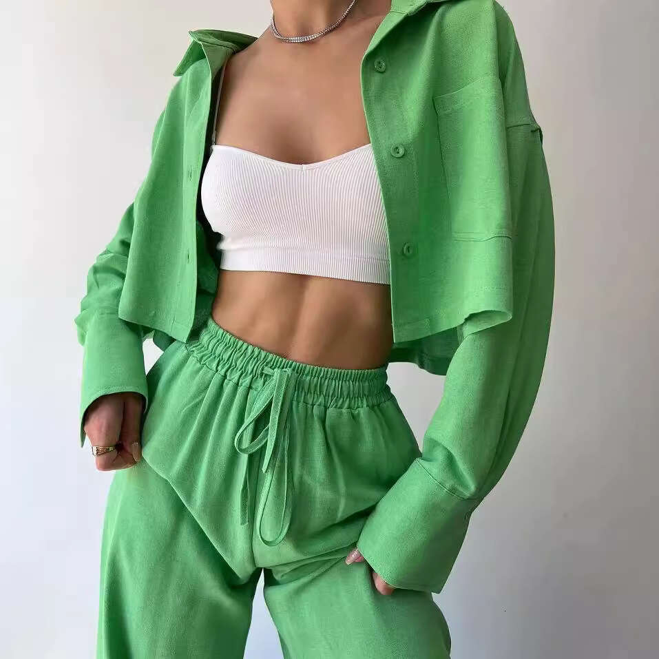 2024 European and American New Solid Color Long Sleeve Short Casual Shirt Drawstring Pants Set