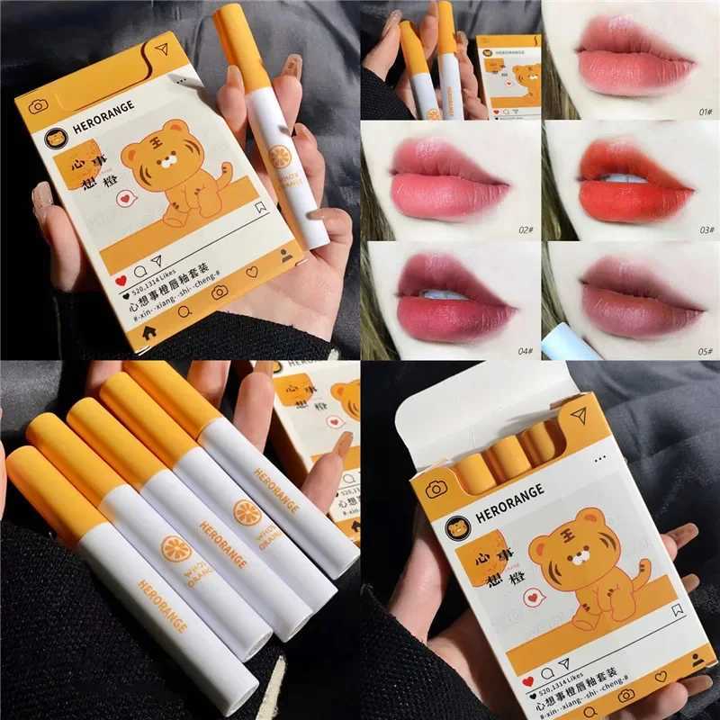 5Pcs Cartoon Cigarette Lipstick Set Long Lasting Moisturizing Lip Glaze Matte Velvet Waterproof Non-stick Cup Lip Gloss CosmeticT251110
