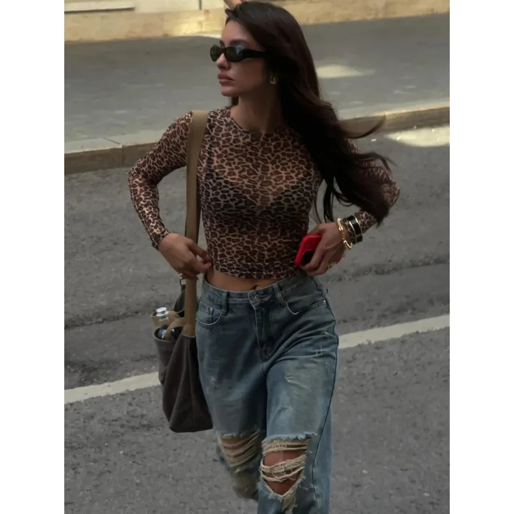 Sexy long sleeved shirt mesh Tshirt leopard print tight fitting womens party club streetwear casual late night snack 250407