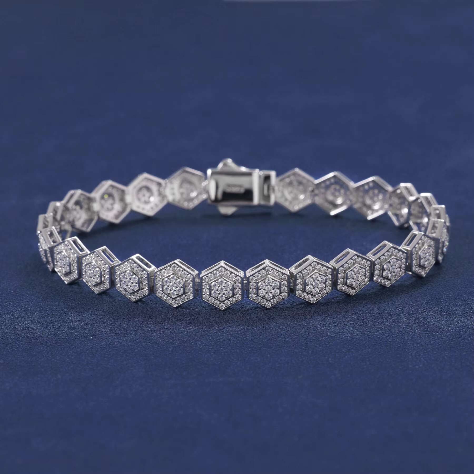Bling Iced Out Mens 925 Sterling Silver Geometric Bracelet 9mm VVS Moissanite Diamond Hexagon Gold Plated for Gift
