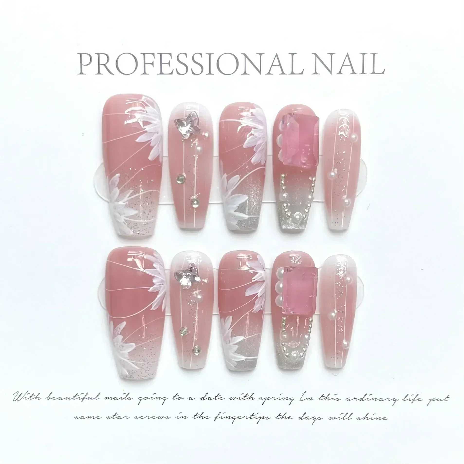 0pcs black handmade embossed nails ballet wearable rhinestones fake nail decoration Chinese handmade fake nail tips W250410