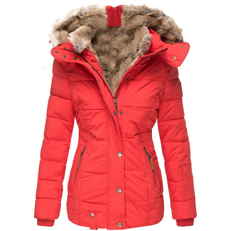 New Winter Warm Fur Collar Jacket for Women Zipper Long Sleeve Slim Fit Cotton Coat with Hood