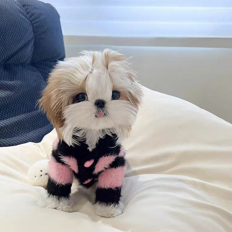 Fluffy Pink & Black Striped Design, Warm Pet Sweater for Small Dogs, Cute Heart Details, Soft Material, Fashionable Dog Apparel for Maltese & Tiny Bre