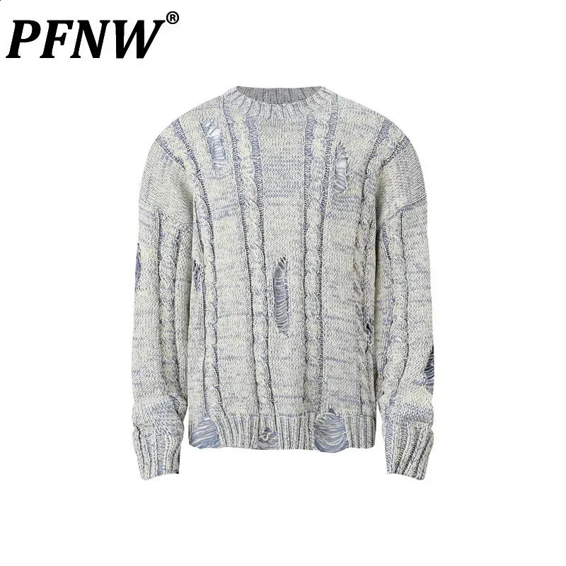PFNW Niche n Mens Sweater Hole Knitted Round Collar Menwear Solid Color Pullover Loose Male Tops Autumn 12C1055 250407