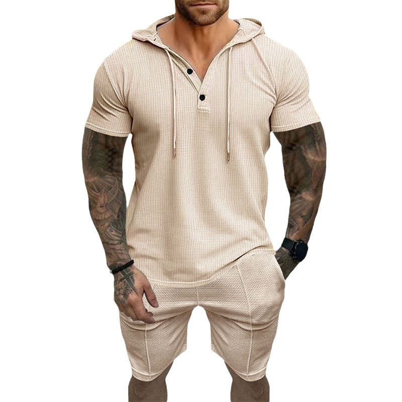 2024 Summer New Mens Casual Hoodie Set T-shirt Henley Shirt