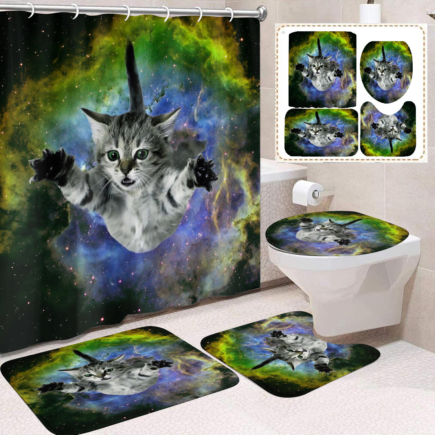 YL-37678 Black and White Cat Shower Curtain Waterproof and Mildew-proof Digital Print Shower Curtain Four-Piece Set