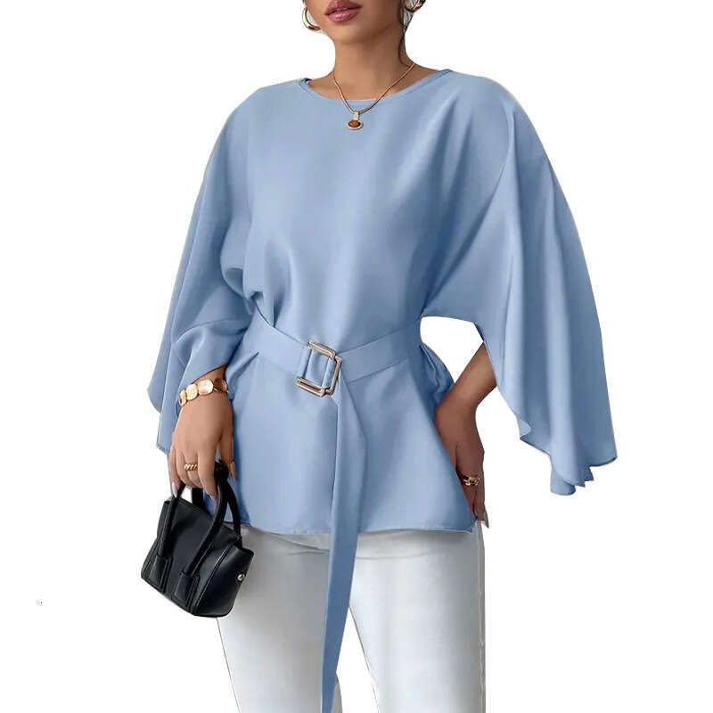 2025 Autumn New Cross-Border Independent Station Wish European and American Elegant Style Solid Color Shirt Blouse Flared Mid-Sleeve Women's Clot