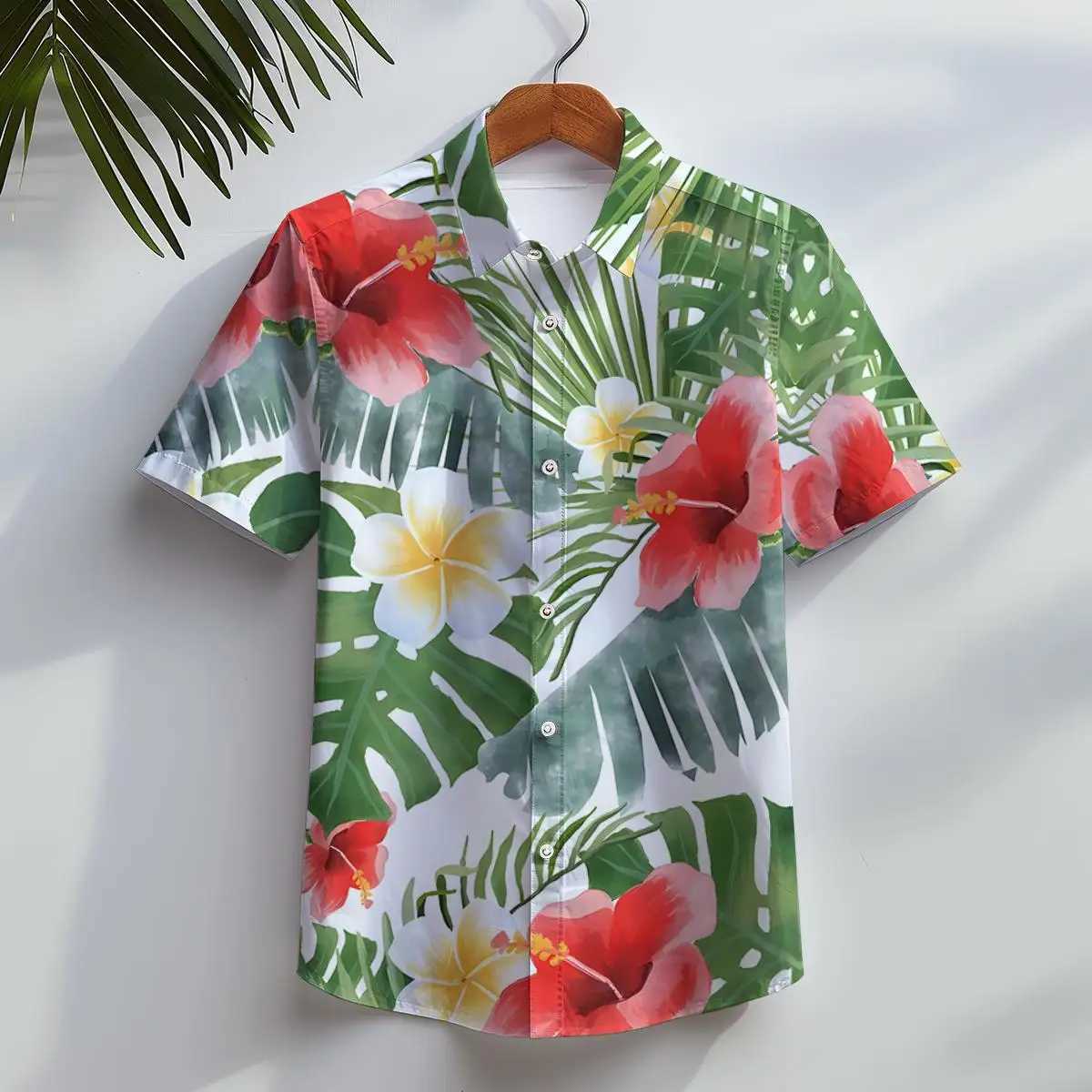 Hawaiian mens beach casual short sleeved button down jacket tropical leaf flower 3D printed summer vacation clothing X250410