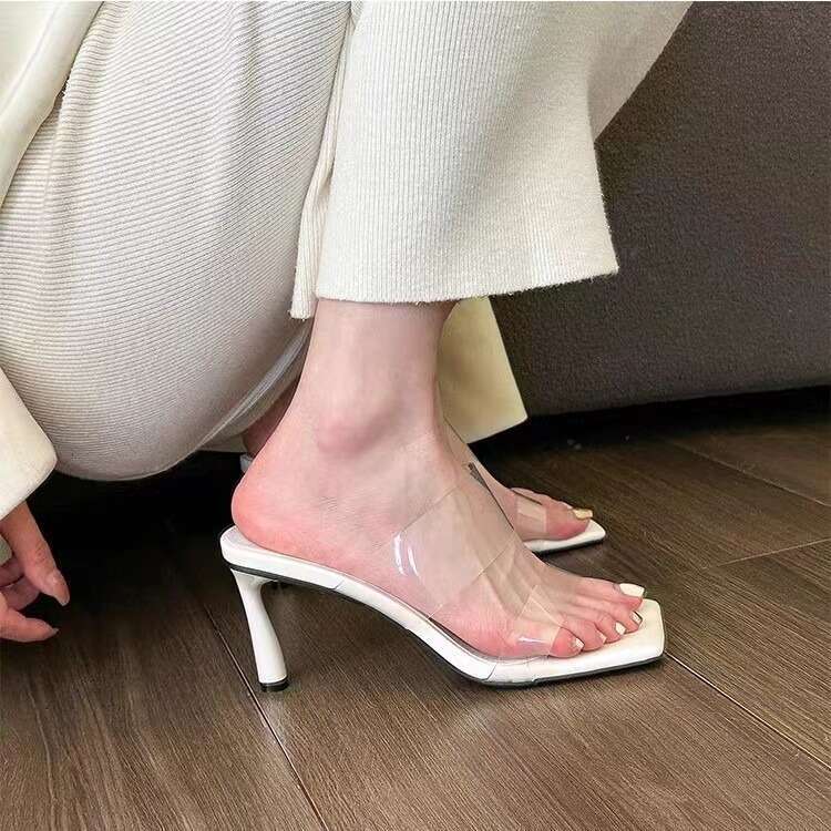 Woman Sandals Transparent Square Toe Temperament High Heeled Sandals For Women S Summer And Autumn New Style One Line Slim Heel Sandals Fairy Style Cr