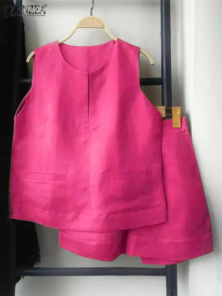 Casual loose sleeveless vest and shorts ZANZEA womens summer 2-piece short sleeved set fashionable solid track suit sexy pocket matching set 250409