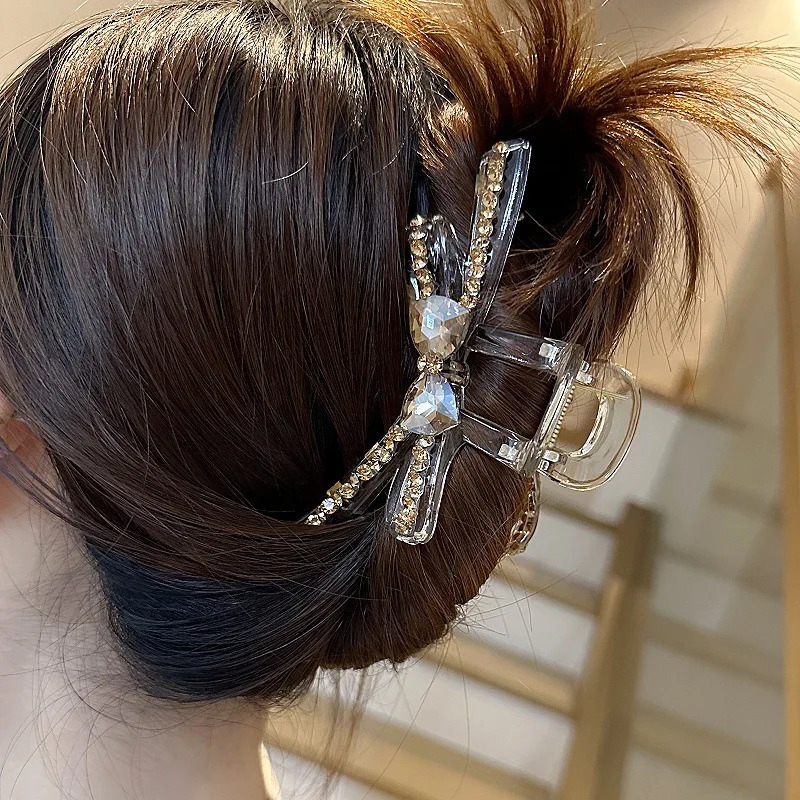 Elegant acrylic crystal bow clip sweet hair claws semi upward hair clip hair accessories cute shark clip perfect gift choice 250409