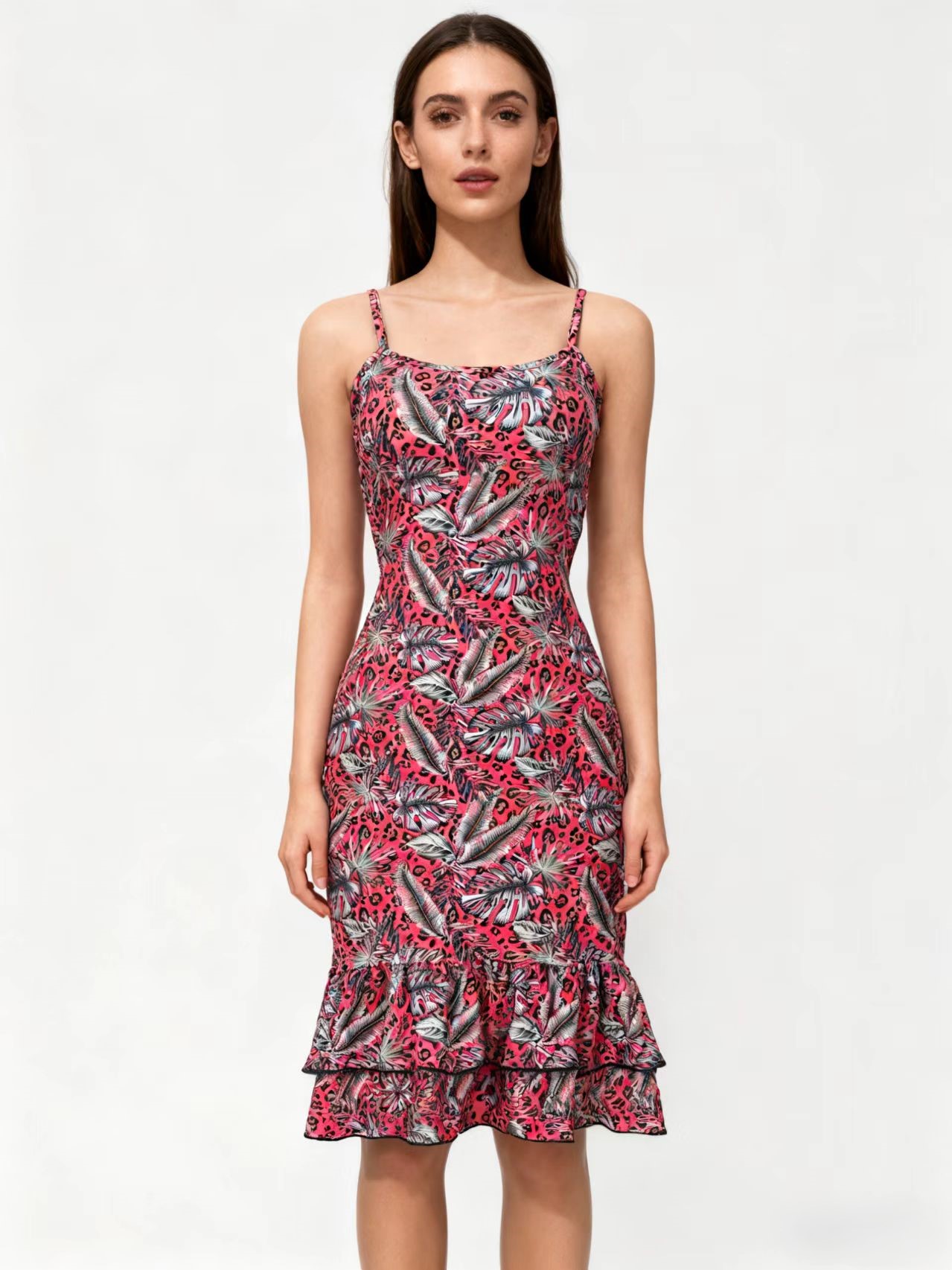 Red-Bottomed Leaf-Print Leopard-Skin Strapless Dress Fishtail Ruffled Hemline Niche Artistic Fitted Midi Dress