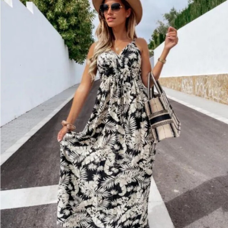 Fashionable new hot selling women's high waisted printed suspender dress with large swing