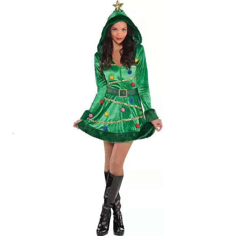 Christmas Performance Costume New Hooded Dress Dark Green luxury winter quality