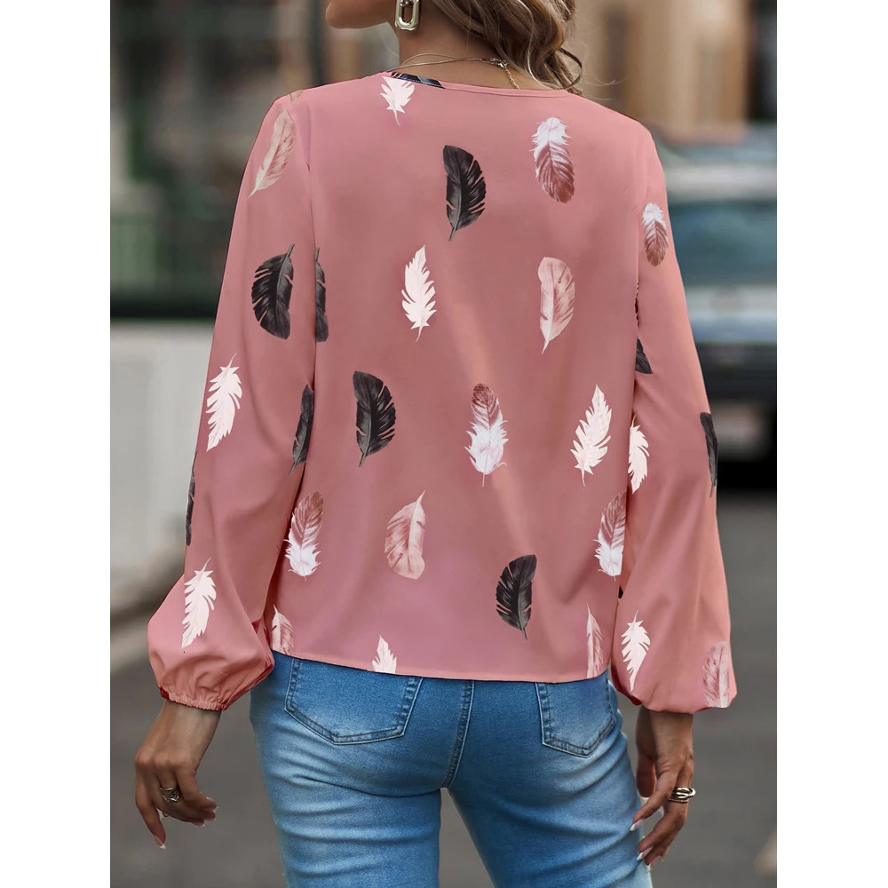 Fashionable womens shirt fashionable womens long sleeved feather patterned womens top elegant chiffon unprinted womens dress 250409