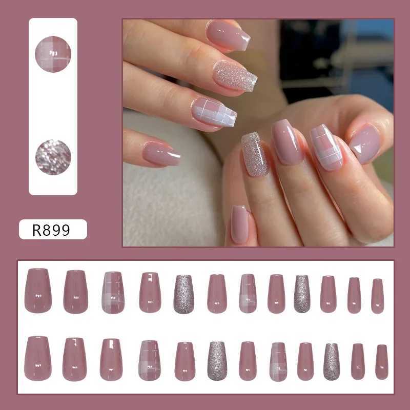 24 pieces of fine glitter candy with jelly stickers pressed onto the fake nails wearable round headed oval shaped fully covered nail tips W250410