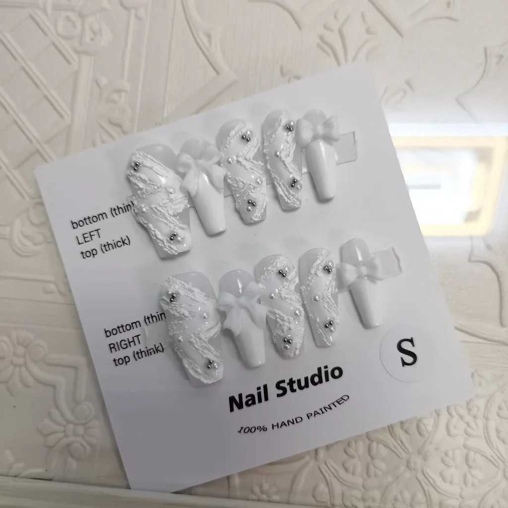 Ribbon Pearl Handmade Wearable Nail Elegant White Swan Hand drawn Embossed Nail Art White Wearable Fake Nail Student Gift W250410