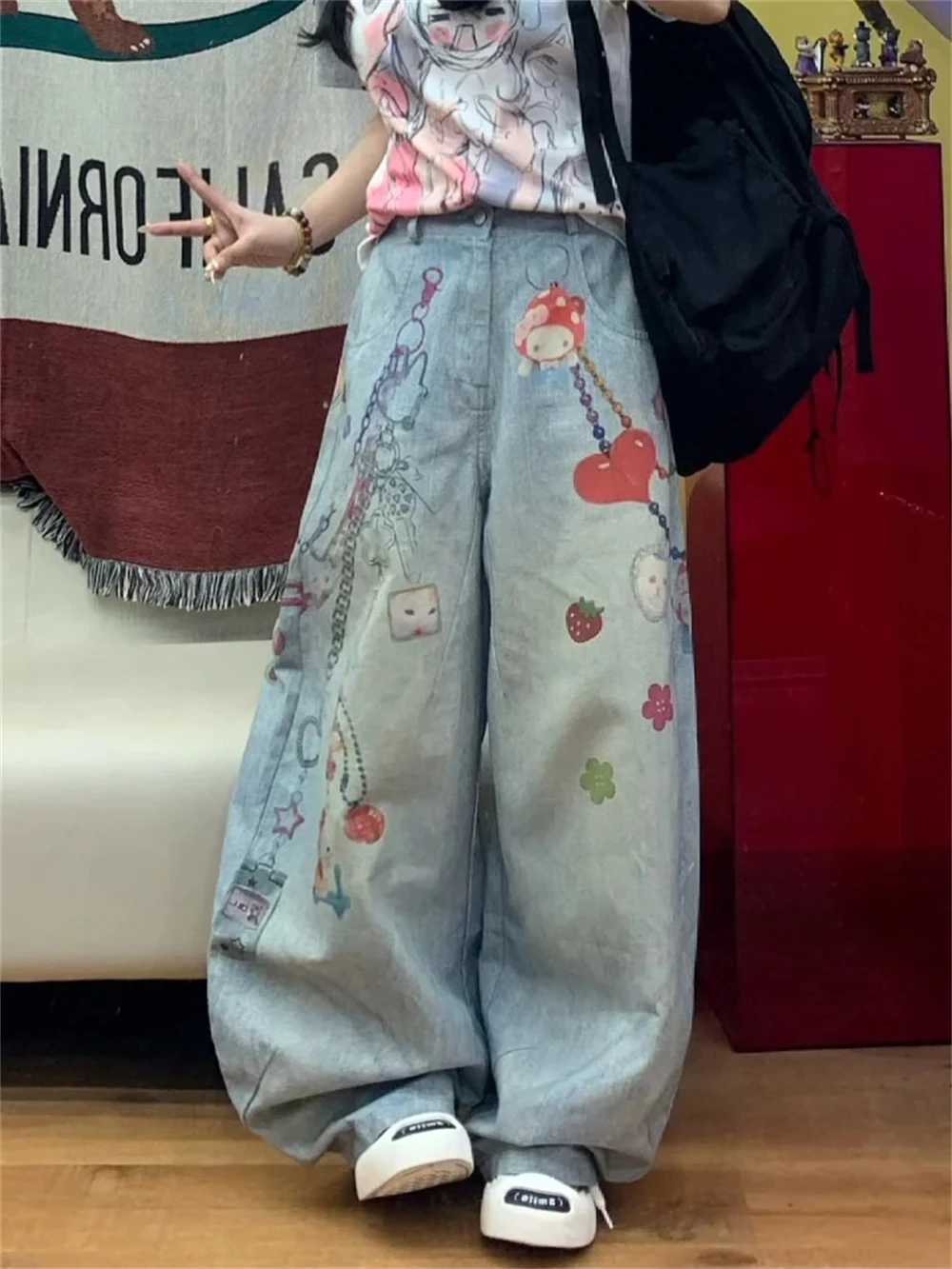 Womens Jeans American Retro Wide Fit Baggy Denim Pants Y2k Wide-legged Dragging Pants Trousers High Street Japanese New C251110