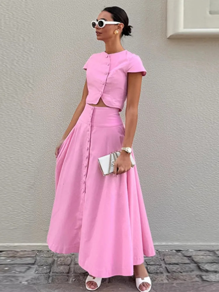 Women Vest Skirt Suit Solid O-neck Single Breasted Short Sleeve Short Top Button Wide Leg Skirts Female Summer Lady Beach Wears 251107