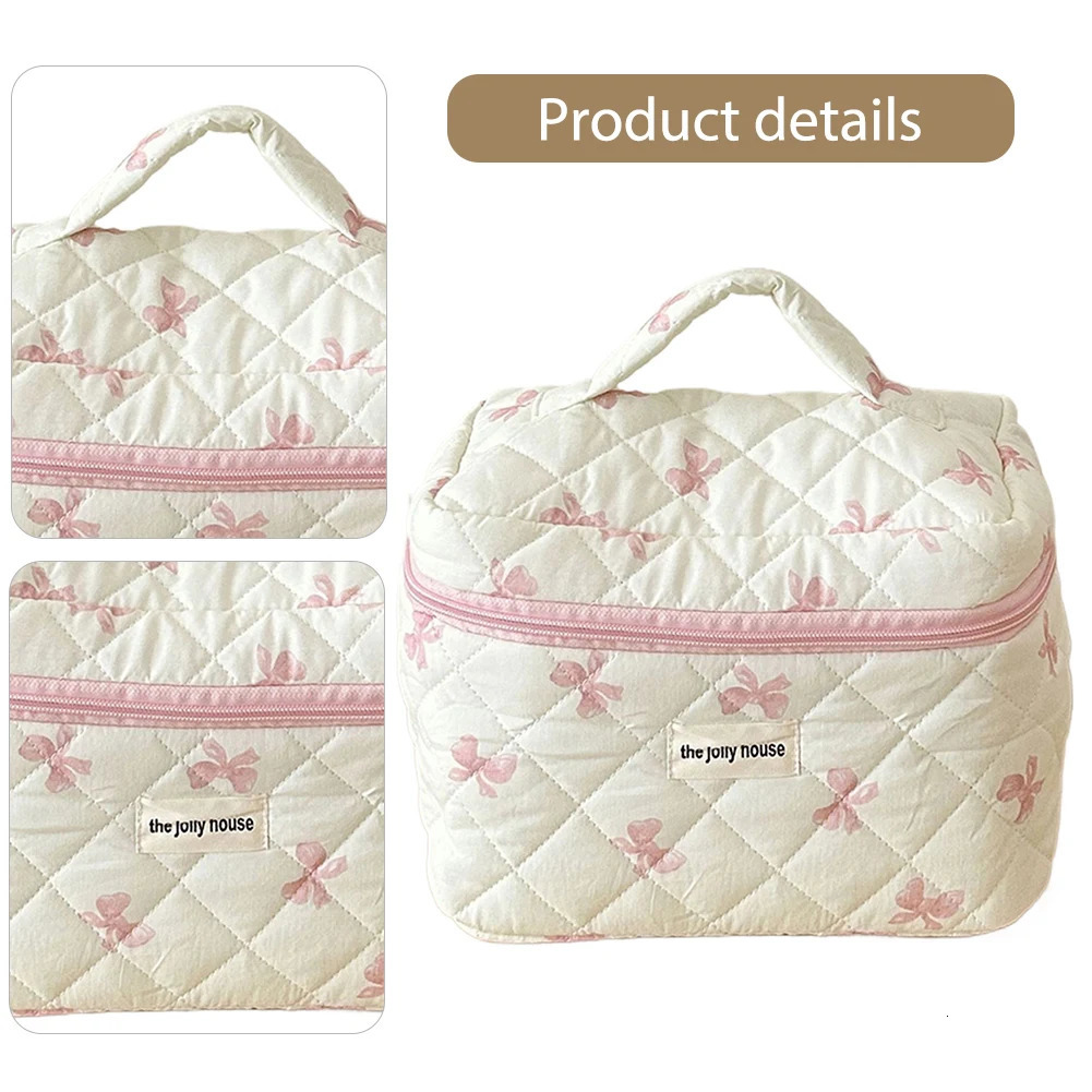Cute Bow Toiletry Bag with Zipper Makeup Organizer Storage Bag Cotton Quilted Cosmetic Organizer Case for Women 251110